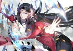  1girl arm_ribbon arm_wrap black_hair blade blue_eyes covered_navel eyebrows floating_swords headgear highres irelia league_of_legends long_hair looking_at_viewer outstretched_arm rain ribbon tagme vardan_(s645062222) very_long_hair 
