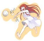  &gt;:o 1girl action angry bangs barefoot blush breasts cleavage denchuubou dress full_body grey_eyes grey_eyes hand_on_own_chest long_hair medium_breasts open_mouth orange_hair original outstretched_arm redhead sidelocks simple_background sleeveless sleeveless_dress solo sound_effects speed_lines very_long_hair volleyball white_dress white_eyes 