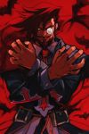  1boy bat beard coat collared_shirt commentary_request facial_hair fingernails guilty_gear hands_up hankuri long_sleeves looking_at_viewer monocle mustache necktie red_background red_neckwear redhead shirt slayer_(guilty_gear) solo upper_body wing_collar 