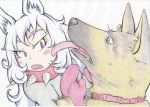  1girl absurdres animal_ears blue_hair blush cheek_licking collar commentary_request dog dog_child_(doitsuken) dog_ears doitsuken face_licking german_shepherd grey_shirt highres licking long_hair looking_at_another open_mouth original red_eyes scan shirt slit_pupils spiked_collar spikes traditional_media 