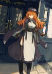  1girl black_gloves black_legwear cape door dress elbow_gloves extra_arms feet_out_of_frame gloves hair_between_eyes hat highres lansane looking_at_viewer multiple_arms one_eye_closed orange_eyes orange_hair original outdoors pelvic_curtain scar signature smile solo thigh-highs 