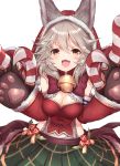  1girl :3 :d animal_ears bangs bell blush bow breasts brown_eyes claw_(weapon) claws cleavage detached_sleeves ears_through_headwear erune eyebrows_visible_through_hair fang frills fur_trim gloves granblue_fantasy green_skirt hair_between_eyes heart hood hood_up jingle_bell long_sleeves looking_at_viewer medium_breasts open_mouth paw_gloves paws plaid pleated_skirt red_bow sen_(granblue_fantasy) shirt short_hair silver_hair simple_background skirt smile solo topia weapon white_background 