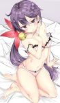  1girl akebono_(kantai_collection) bell blush bra commentary_request finger_to_mouth flat_chest flower from_above hair_bell hair_flower hair_ornament jingle_bell kantai_collection kengorou_saemon_ii_sei long_hair looking_at_viewer navel on_bed oversized_breast_cup panties pink_bra pink_panties purple_hair sitting solo underwear underwear_only very_long_hair violet_eyes yokozuwari 