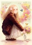  1girl absurdres blonde_hair bouquet braid butterfly dress eyelashes flower forehead french_braid hair_flower hair_ornament highres insect jacket leather leather_jacket lips long_hair looking_at_viewer looking_to_the_side muted_color original romiy shoes solo squatting yellow_eyes 