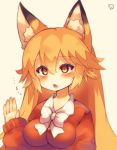  1girl animal_ears bangs blush bow breasts collared_jacket eyebrows_visible_through_hair ezo_red_fox_(kemono_friends) fox_ears hair_between_eyes hand_up highres jacket kemono_friends large_breasts long_hair long_sleeves muuran open_mouth orange_eyes orange_hair orange_jacket signature sleeves_past_wrists solo translation_request very_long_hair white_bow 