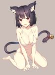  1girl :d animal_ears arms_between_legs azur_lane bare_shoulders bell bikini black_hair blush breasts cat_ears cat_tail cleavage collarbone eyebrows_visible_through_hair fang grey_background highres ikomochi large_breasts looking_at_viewer navel open_mouth red_eyes shiny shiny_hair short_hair side-tie_bikini simple_background sitting skindentation smile solo swimsuit tail tail_bell wariza white_bikini yamashiro_(azur_lane) 