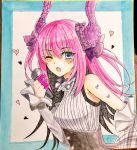  1girl ;o bangs bare_shoulders blush breasts curled_horns detached_sleeves dragon_horns elizabeth_bathory_(fate) elizabeth_bathory_(fate)_(all) eyebrows_visible_through_hair fang fate/extra fate/extra_ccc fate_(series) hair_between_eyes hair_ribbon heart highres holding holding_microphone horns long_hair long_sleeves looking_at_viewer marker_(medium) microphone one_eye_closed parted_lips photo purple_ribbon ribbon shirt sidelocks sleeveless sleeveless_shirt sleeves_past_wrists small_breasts solo tanaji traditional_media two_side_up very_long_hair 