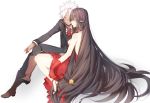  1boy 1girl amakusa_shirou_(fate) bangs black_footwear black_hair boots brown_footwear dress fate/apocrypha fate/grand_order fate_(series) formal gloves high_heels long_hair long_sleeves myo_ne parted_bangs pointy_ears red_dress red_gloves semiramis_(fate) simple_background sitting smile suit very_long_hair white_background white_hair yellow_eyes 