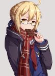  1girl absurdres ahoge artoria_pendragon_(all) blonde_hair chocolate eyebrows_visible_through_hair fate/grand_order fate_(series) glasses hair_bun highres holding long_sleeves looking_at_viewer mysterious_heroine_x_(alter) plaid plaid_scarf red_scarf scarf school_uniform semi-rimless_eyewear serafuku solo under-rim_eyewear upper_body yellow_eyes 