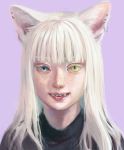  1girl :p animal_ears bangs blue_eyes blunt_bangs cat_ears commentary_request ear_piercing face fangs freckles heterochromia looking_at_viewer original piercing portrait purple_background simple_background slit_pupils smile solo tongue tongue_out tunapon01 white_hair yellow_eyes 