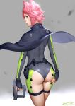  1girl animal_ears ariverkao ass bodysuit brown_eyes cloak cowboy_shot fingerless_gloves from_behind gloves gun lips looking_at_viewer looking_back original parted_lips pink_hair short_hair signature simple_background skin_tight solo walking weapon 
