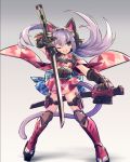  &gt;:d 1girl animal_ears armored_boots blue_eyes boots cat_ears cat_tail chingisu fake_animal_ears full_body gauntlets gradient gradient_background grey_background japanese_clothes katana kunai long_hair mechanical_ears one_eye_closed original purple_hair sheath solo standing sword tail twintails weapon wide_sleeves 