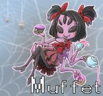  black_eyes black_hair bow chamaji commentary_request cup cupcake doughnut dress extra_eyes fangs food hair_bow hand_on_own_face hand_on_own_knee high_heels legs_crossed looking_at_viewer monster_girl muffet multiple_arms pouring purple_skin reclining saucer short_hair silk spider spider_web spider_web_print teacup teapot text two_side_up undertale vest 