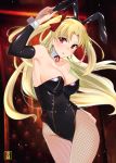  1girl animal_ears bangs black_leotard blonde_hair blush breasts bunny_girl detached_collar ereshkigal_(fate/grand_order) eyebrows_visible_through_hair fake_animal_ears fate/grand_order fate_(series) leotard long_hair looking_at_viewer medium_breasts murio parted_bangs parted_lips rabbit_ears red_eyes red_ribbon ribbon solo two_side_up wrist_cuffs 