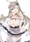  1girl absurdres animal_ears bare_shoulders blue_eyes breasts bunny_hair_ornament cleavage cleavage_cutout dress grey_hair hair_ornament highres kou_mashiro large_breasts long_hair rabbit_ears 