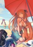  (9)_pai_bingxiang 2girls :o alternate_costume alternate_hairstyle bangs bare_arms beach beach_mat blue_sarong blue_sky blush breasts brown_hair choker cleavage collarbone cooler eyebrows_visible_through_hair floatation_devices girls_frontline green_eyes hair_between_eyes hair_ribbon hair_rings hand_on_legs hat hat_removed head_tilt headwear_removed highleg_bikini_bottom highres holding large_breasts leaning_forward long_hair looking_at_viewer lotion m1903_springfield_(girls_frontline) multiple_girls navel o-ring_top ocean one-piece_swimsuit open_mouth ponytail purple_hair red_eyes ribbon sand sarong seiza sidelocks sitting sky standing stomach sun_hat sunscreen swimsuit tareme thigh_strap thighs tsurime umbrella under_umbrella very_long_hair wa2000_(girls_frontline) water white_hat 