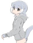 1girl alternate_costume commentary_request cowboy_shot eyebrows_visible_through_hair grey_hair highres hood hoodie kemono_friends long_sleeves looking_at_viewer menturm1120 multicolored_hair one-piece_swimsuit otter_ears otter_tail short_hair small-clawed_otter_(kemono_friends) solo swimsuit tail tail_raised white_hair