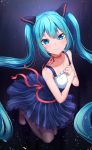  1girl absurdres aqua_eyes aqua_hair blue_dress dress eyebrows_visible_through_hair hatsune_miku highres jirofly kneeling long_hair looking_at_viewer pantyhose smile solo very_long_hair vocaloid 