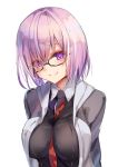  1girl absurdres amamitsu_kousuke between_breasts blush breasts eyebrows_visible_through_hair fate/grand_order fate_(series) glasses hair_over_one_eye highres large_breasts mash_kyrielight necktie necktie_between_breasts purple_hair short_hair smile solo upper_body violet_eyes white_background 