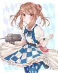  1girl adapted_turret alice_(alice_in_wonderland) alice_(alice_in_wonderland)_(cosplay) alice_in_wonderland cannon checkered_clothes commentary_request cosplay cowboy_shot double_bun dress enemy_lifebuoy_(kancolle) gloves hair_bun highres kantai_collection light_brown_hair looking_at_viewer michishio_(kancolle) official_alternate_costume pocket_watch short_twintails solo thigh-highs turret twintails two-tone_dress watch white_dress white_gloves yufufu 