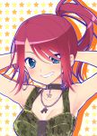 1girl :d armpits arms_behind_head arms_up bang_dream! bangs bare_arms bare_shoulders black_choker blue_eyes blush bra_strap breast_pocket breasts camouflage choker cleavage collarbone earrings eyebrows_visible_through_hair grin hair_over_one_eye highres infinity jewelry looking_at_viewer necklace open_mouth pendant pocket ponytail redhead short_hair sidelocks small_breasts smile solo star starry_background swept_bangs teeth tsurugi_hikaru udagawa_tomoe upper_body