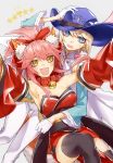  1girl androgynous animal_ears blonde_hair blue_eyes breasts chevalier_d&#039;eon_(fate/grand_order) cleavage collar fang fate/grand_order fate_(series) fox_ears fox_tail gloves hat highres japanese_clothes kofunami_nana long_hair looking_at_viewer medium_breasts pink_hair ponytail ribbon smile sweatdrop tail tamamo_(fate)_(all) tamamo_cat_(fate) yellow_eyes 