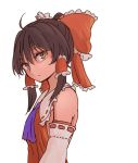  1girl ahoge ascot bangs bow brown_eyes brown_hair closed_mouth detached_sleeves expressionless eyebrows_visible_through_hair from_side hair_between_eyes hair_bow hair_tubes hakurei_reimu looking_at_viewer miyo_(ranthath) red_bow ribbon-trimmed_sleeves ribbon_trim sidelocks simple_background solo touhou upper_body white_background 