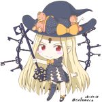  1girl abigail_williams_(fate/grand_order) asymmetrical_legwear bangs black_bow black_footwear black_hat black_legwear black_panties blonde_hair blush_stickers bow chibi closed_mouth commentary_request dated eyebrows_visible_through_hair fate/grand_order fate_(series) hat hat_bow heart holding holding_key kafemoca key keyhole long_hair looking_at_viewer orange_bow panties parted_bangs red_eyes revealing_clothes simple_background single_thighhigh smile solo standing stuffed_animal stuffed_toy teddy_bear thigh-highs topless twitter_username underwear very_long_hair white_background witch_hat 