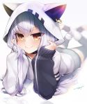  1girl animal_hood azuma_lim azuma_lim_channel black_choker blurry blurry_background brown_eyes cat_hood choker commentary_request depth_of_field eyebrows_visible_through_hair highres hood hood_up hoodie lavender_hair long_hair long_sleeves looking_at_viewer lying on_stomach reflection signature sleeves_past_wrists smile solo tanyatonya the_pose thigh-highs toeless_legwear virtual_youtuber 