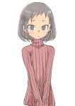  1girl absurdres blush closed_mouth commentary_request grey_eyes grey_hair highres long_sleeves looking_at_viewer original red_sweater ribbed_sweater short_hair simple_background solo sweater upper_body v_arms white_background yamamoto_souichirou 
