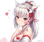  1girl animal_ears bare_shoulders blush breasts bunny_hair_ornament cat_ears cat_girl closed_mouth detached_sleeves eyelashes facial_mark final_fantasy final_fantasy_xiv finger_to_chin flower hair_flower hair_ornament hair_ribbon hand_up heart long_hair looking_at_viewer miqo&#039;te mole mole_under_eye monk_(final_fantasy) ponytail red_eyes red_flower red_ribbon red_rose ribbon rorinya rose sidelocks silver_hair simple_background sleeveless slit_pupils small_breasts solo tattoo twitter_username whisker_markings white_background 