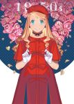  1girl blonde_hair blue_background blue_eyes choker commentary curly_hair dated dress earrings eyelashes flower fullmetal_alchemist gloves happy hat holy_pumpkin jewelry long_hair number petals pink_flower red_dress ribbon rose smile standing two-tone_background upper_body white_background winry_rockbell 