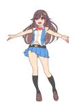  1girl :d bare_arms bare_shoulders belt black_legwear blue_skirt bow bowtie brown_footwear brown_hair collared_vest copyright_request full_body hair_ornament hairclip long_hair nagisa_kurousagi navel open_mouth outstretched_arms pleated_skirt red_eyes red_neckwear shoes simple_background skirt sleeveless smile socks solo spread_arms standing vest white_background wing_collar 