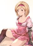  1girl blonde_hair breasts brown_eyes collarbone commentary_request djeeta_(granblue_fantasy) dress gauntlets gluteal_fold granblue_fantasy hairband highres looking_at_viewer medium_breasts milli_little pink_dress pink_hairband puffy_sleeves short_hair sitting solo sweat thigh-highs zettai_ryouiki 