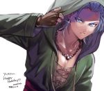  1boy blue_eyes blue_hair camus_(dq11) dragon_quest dragon_quest_xi earrings happy_birthday hood hood_up jewelry male_focus parted_lips pectorals shiny shiny_skin simple_background solo spiky_hair upper_body white_background 