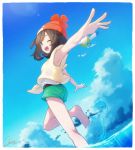  1girl ;d armpits barefoot beanie bird black_hair blue_eyes blue_sky clouds cloudy_sky green_shorts hat highres miu_(miuuu_721) mizuki_(pokemon) ocean one_eye_closed open_mouth outstretched_arm pokemon pokemon_(game) pokemon_sm red_hat short_hair shorts signature sky sleeveless smile solo standing standing_on_one_leg twitter_username 
