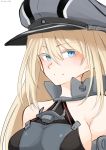  10eki_(tenchou) 1girl anchor bismarck_(kantai_collection) blonde_hair blue_eyes breasts closed_mouth dress eyebrows_visible_through_hair hair_between_eyes hat highres kantai_collection large_breasts looking_at_viewer peaked_cap simple_background solo white_background 