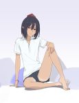  1girl barefoot black_shorts collared_shirt full_body hair_between_eyes hat karasu_hito looking_at_viewer panties panty_peek pointy_ears red_eyes shameimaru_aya shirt short_hair short_shorts shorts sitting smile solo spread_legs t-shirt tan tanline tokin_hat touhou underwear white_panties white_shirt wristband 