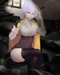 1girl bartender black_legwear blue_hair breasts cigar cleavage collarbone garter_straps girls_frontline highres hips ia_(ias1010) jewelry large_breasts legs_crossed looking_at_viewer mouth_hold red_eyes ring short_hair smile smoke thigh-highs thighs thompson_submachine_gun_(girls_frontline) 