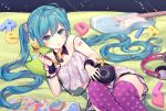  1girl ahoge aqua_eyes aqua_hair camisole copyright_name electric_guitar guitar hatsune_miku headphones_removed instrument long_hair phone polka_dot polka_dot_legwear redial_(vocaloid) rotary_phone silltare solo strap_slip thigh-highs twintails very_long_hair vocaloid 