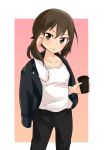  1girl absurdres barashiya black_jacket black_pants brown_eyes brown_hair casual closed_mouth coffee_cup commentary cowboy_shot cup disposable_cup girls_und_panzer gradient gradient_background hand_in_hair head_tilt highres holding holding_cup jacket jacket_on_shoulders light_blush long_sleeves looking_at_viewer nishizumi_maho outside_border pants pink_background shirt short_hair smile solo standing t-shirt white_shirt 