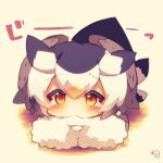  1girl bangs black_hair blush brown_eyes chibi commentary_request eyebrows_visible_through_hair fur_collar hair_between_eyes head_wings kemono_friends looking_at_viewer lying multicolored_hair muuran northern_white-faced_owl_(kemono_friends) on_stomach orange_hair signature solo tears white_hair 