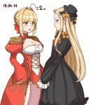  2girls abigail_williams_(fate/grand_order) ahoge bangs black_bow black_dress black_hat blonde_hair blue_eyes blush bow braid butterfly closed_mouth commentary dated dress eye_contact fate/grand_order fate_(series) hair_bow hair_bun hair_intakes hand_on_hip hat insect juliet_sleeves long_hair long_sleeves looking_at_another michihasu multiple_girls nero_claudius_(fate) nero_claudius_(fate)_(all) open_mouth orange_bow parted_bangs polka_dot polka_dot_bow puffy_sleeves red_dress see-through simple_background sleeves_past_fingers sleeves_past_wrists smile sweatdrop very_long_hair white_background 