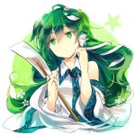  1girl bare_shoulders closed_mouth commentary detached_sleeves expressionless eyebrows_visible_through_hair flower frog_hair_ornament green_eyes green_hair hair_between_eyes hair_ornament hair_tubes head_tilt kochiya_sanae kutsuki_kai long_hair long_sleeves sleeveless snake_hair_ornament solo star touhou upper_body white_background white_flower wide_sleeves wing_collar 