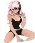  1girl breasts brown_hair cleavage commentary_request esu_(transc) eyewear_on_head heterochromia medium_breasts neo_(rwby) pink_hair rwby shorts smile solo sunglasses tan tank_top tanline 
