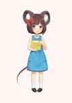  1girl animal_ears blue_eyes blush brown_hair cheese child cristalavi dress food full_body hair_ribbon highres hime_cut holding holding_food looking_at_viewer mouse_ears mouse_tail original ribbon short_hair simple_background smile tail white_legwear 