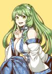  1girl detached_sleeves frog_hair_ornament green_eyes green_hair hair_ornament hair_tubes halftone highres index_finger_raised kochiya_sanae long_hair looking_at_viewer natsushiro open_mouth snake_hair_ornament solo touhou yellow_background 