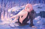  1girl aqua_eyes artist_name ass atdan bandage bangs bare_legs barefoot blush bottomless coat commentary darling_in_the_franxx day eyebrows_visible_through_hair feet hood horns legs_up long_hair long_sleeves looking_at_viewer outdoors pink_hair sitting sky smile snow solo straight_hair tree winter winter_clothes zero_two_(darling_in_the_franxx) 