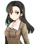  1girl :o asymmetrical_bangs bangs black_eyes black_hair breasts chi-hatan_military_uniform eyebrows_visible_through_hair girls_und_panzer long_hair medium_breasts nakasone_haiji nishi_kinuyo solo upper_body white_background 