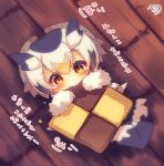  1girl bangs bird_tail black_hair blush brown_eyes checkerboard_cookie closed_mouth cookie eating eyebrows_visible_through_hair food fur-trimmed_sleeves fur_trim hair_between_eyes head_wings holding holding_food kemono_friends long_hair looking_at_viewer lying multicolored_hair muuran northern_white-faced_owl_(kemono_friends) on_back orange_hair signature solo tears translation_request white_hair 